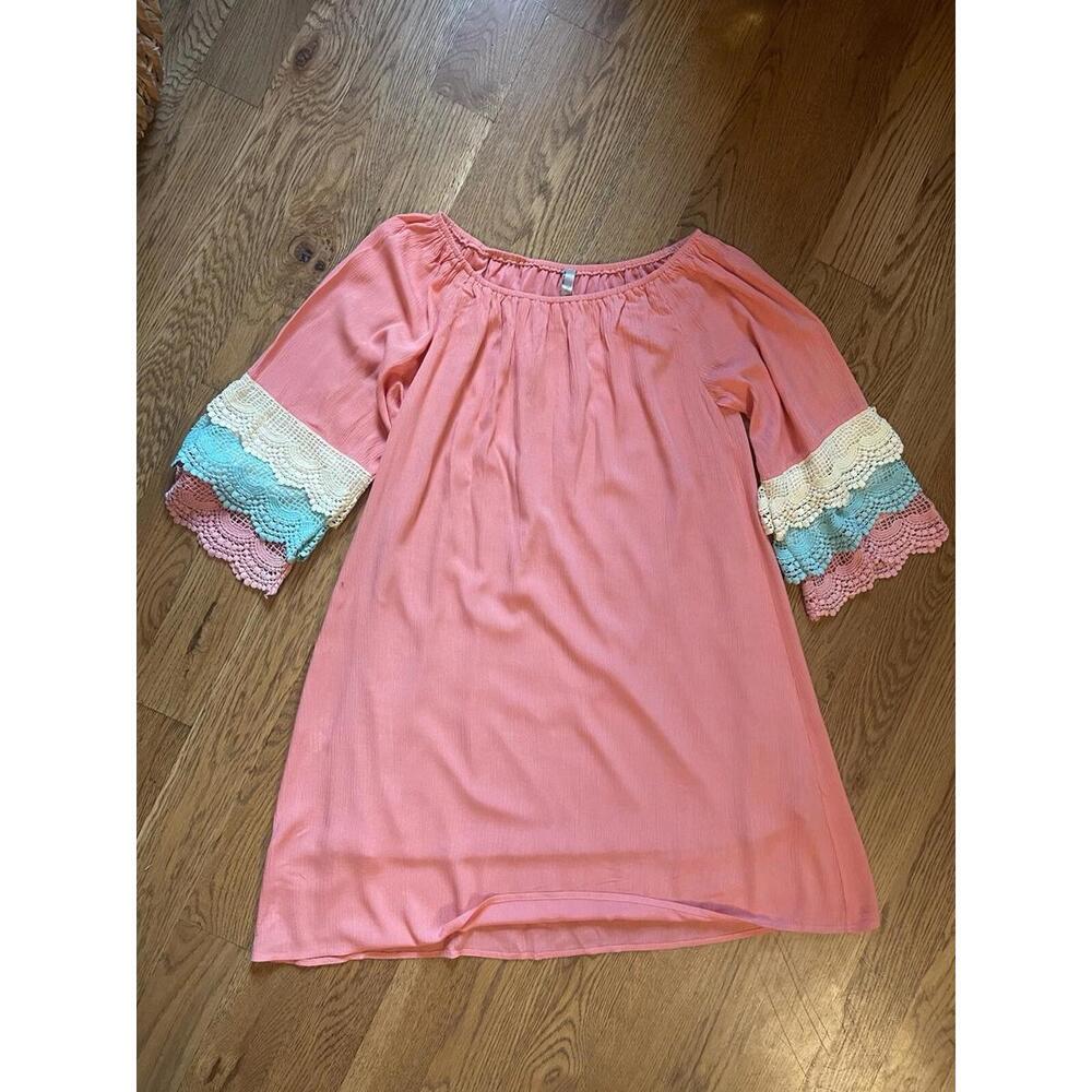 Entro Women’s Tent Style Dress Size S Pink Crochet Sleeves Lined Flowy